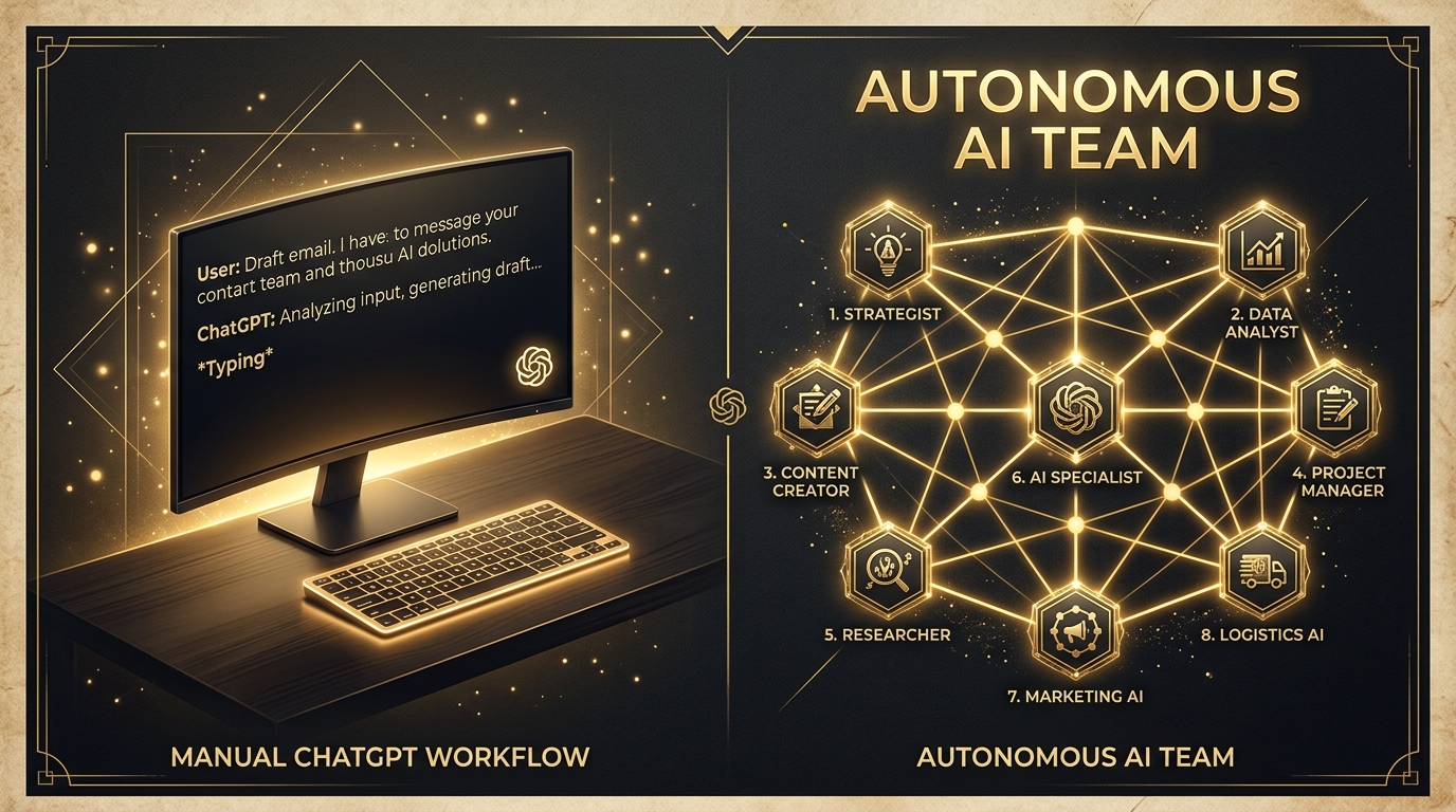 Quadro comparando chat de IA tradicional com uma rede de agentes autônomos trabalhando juntos