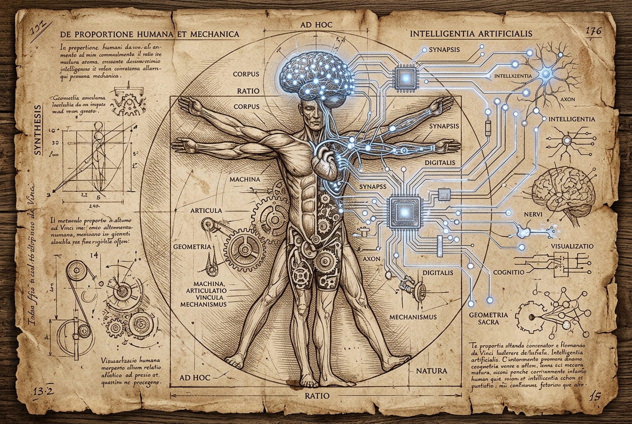 Leonardo da Vinci Vitruvian Man and Neural Network Sketch