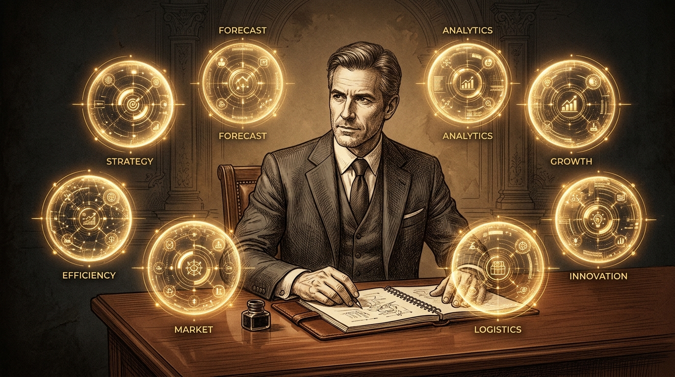 Executivo moderno desenhado ao estilo clássico com hologramas dourados de agentes de IA